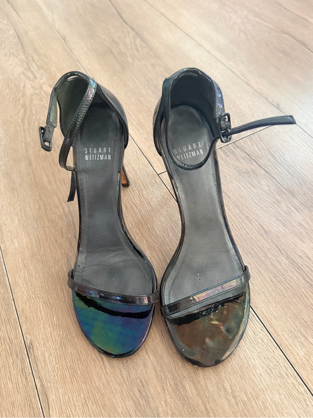 Stuart Weitzman Iridescent Black Open-Toe Ankle-Strap Heels